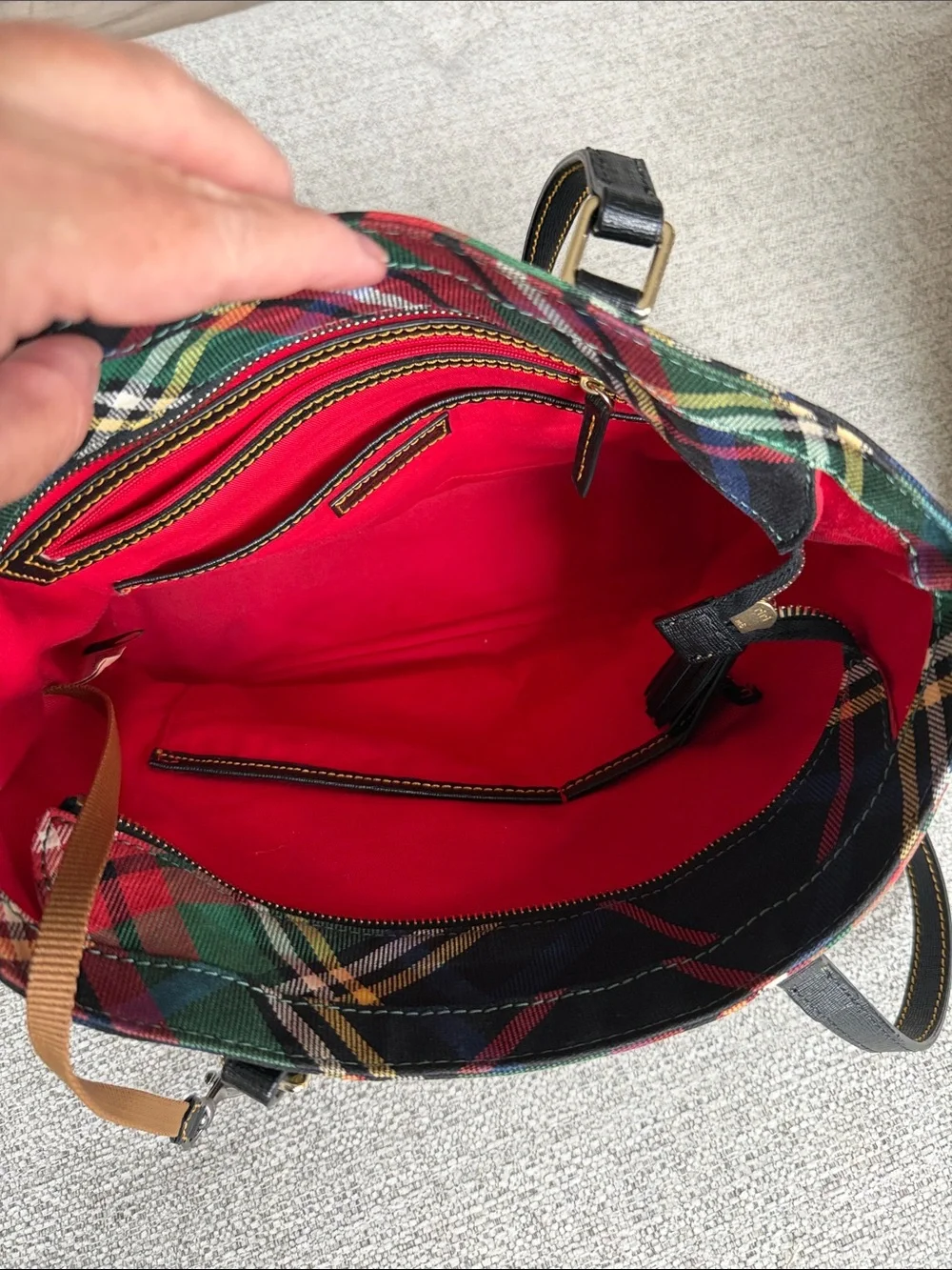 Dooney & Bourke Tartan Plaid Tote Multicolor Black Leather Trim